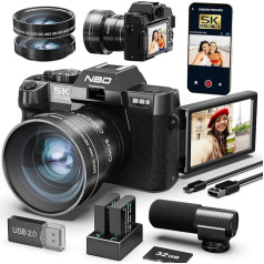 5K digitālā fotokamera fotografēšanai un videoreportāžām, 48 MP/60 FPS kamera ar WiFi un lietotņu vadību, kompakta kamera ar 32 GB TF karti, platleņķa un makro objektīvu YouTube (melna)