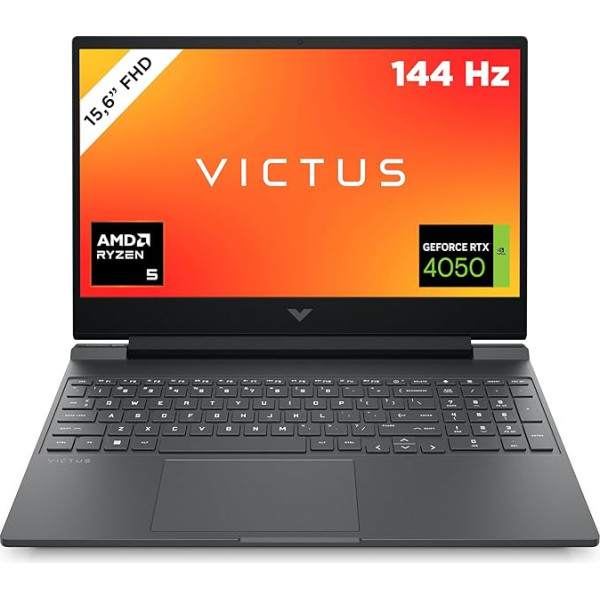 HP Victus spēļu klēpjdators, 15,6 collu FHD 144 Hz displejs, AMD Ryzen 5 8640H, 16 GB DDR5 RAM, 512 GB SSD, NVIDIA GeForce RTX 4050 (6 GB), QWERTZ, Windows 11, melns