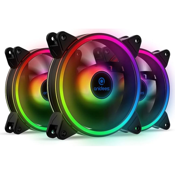 Anidees AI Tesseract Duo 120 mm 3 gabaliņu RGB PWM ventilators, saderīgs ar adresējamu 5V 3Pin ASUS Aura SYNC/MSI Mystic Sync/GIGABYTE Fusion, ar RGB galveni uz MB, ar tālvadības pulti.