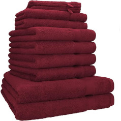 10 daļu komplekts Betz Premium dvieļu komplekts melns Kvalitāte 470 g/m² bordo sarkans: 2x vannas dvieļi 70 x 140 cm 4x roku dvieļi 50 x 100 cm 2x dvieļi viesiem 30 x 50 cm 2x sejas dvieļi 17 x 22 cm