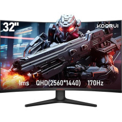 KOORUI 32 collu izliektais īpaši platleņķa spēļu monitors, 2K QHD (2560x1440), 170 Hz, 1 ms, 1500R, VA, HDR 10, 2xHDMI (170 Hz vai 144 Hz), DP (170 Hz), AdaptiveSync, DCI-P3 90%, SRGB100%, VESA 75x75 mm, Eye Care