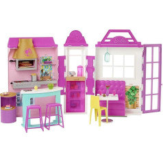 Barbie Cook 'n Grill restorāns, 6 spēļu zonas, vairāk nekā 30 detaļas, gaismas un skaņas efekti, salokāms rotaļu komplekts, lelle, dāvana bērniem, rotaļlieta no 3 gadiem (20,3 x 87,8 x 43,7 cm)