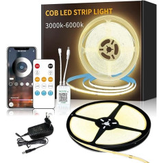 Yeewhale Cob LED sloksne 10 m, App Control, ar tālvadības pulti, elastīga dimmable Cob LED sloksne, DC24 V 3000 K Warm White LED Strip, piemērojama guļamistabai, istabai, DIY dekorēšanai