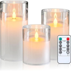 CUBTEM Flameless Candles, 3 Pieces LED Tea Lights, Battery Operated LED Pillar Candles, LED Candles with Remote Control and Timer Function, Electric Candles, Outdoor Candle (White)