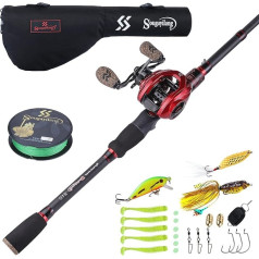 Sougayilang Baitcaster Combo Teleskopiskais makšķerēšanas stienis un makšķerēšanas spole Ultra viegls Baitcast makšķerēšanas spole ceļošanai sālsūdenī un saldūdenī ar ēsmām, piederumiem un makšķerēšanas somu 1.5m