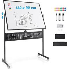 COSTWAY divpusēja mobilā baltā tāfele, 120 x 90 cm, magnētiskā baltā tāfele ar magnētisko magnētu, riteņiem un statīvu, ar piederumiem birojam un mājai (melna)