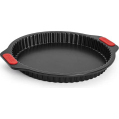 Woll Bakeware Quiche and Tart Mould 26 cm diametrs ar noņemamu pamatni un karstumizturīgiem silikona rokturiem līdz 230 °C, nesatur PFAS, divu slāņu nesadalāms pārklājums, aluminizēts tērauds, melns