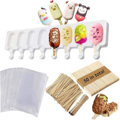 Panlom Mini Popsicle Molds Silicone Homemade 4 & 8 Cavities Ice Cream Bar with 50 Wooden Sticks + 50 Twist Ties + 50 Popsicle Bags (Large)