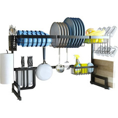 SUPFIRM Sink Dish Drainer Stainless Steel Adjustable (83-101cm) 2 Tier Large Dish Dryer for Kitchen Organizer Storage Utensil Holder Dish Drainer Rack