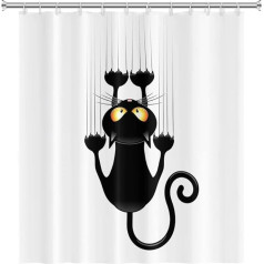 SDOTPMT 180 x 198 cm Melns kaķis ar asām ķepām dušas aizkars Cute Funny Cat Kitten Vannas aizkars Balta fona vannas aizkars Poliesters vannas istabai Vannas aizkars ar āķiem