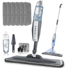 Mops grīdas tīrīšanai, grīdas mops ar smidzināšanas funkciju, ar 6 mazgājamiem mikrošķiedras pārklājiem, 1 skrāpis, 1 mopa turētājs, sausai mitrai tīrīšanai, sienu tīrīšanai no cietkoksnes, vinila, lamināta, keramikas, flīžu, flī