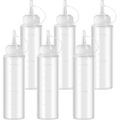 6 x izspiežamās pudeles, 240 ml plastmasas izspiežamās mērču pudeles, izspiežamās pudeles ar sprauslām, kečupa pudeles ar vāciņu, garšvielu izspiežamās pudeles mērcēm, sīrupam, majonēzei, salātiem, mērču eļļai