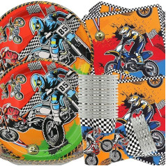 Doyomtoy Racing Car Party piederumi zēniem 60 gabalu Dirt Bike rotājumi Plate Set ietver šķīvjus, krūzes, salvetes, Dirt Bike Motokrosa motociklu trauki bērniem