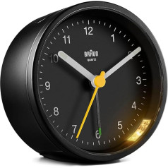 Braun BC12B Classic analogais modinātājs ar Snooze un gaismas funkciju, klusa kvarca kustība, Crescendo modinātājs, melns