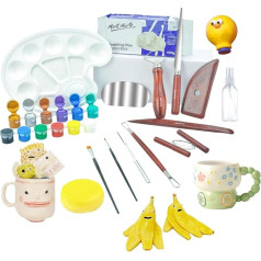 Māla keramikas komplekts mājām iesācējiem, bērniem un pieaugušajiem, keramikas komplekts un keramikas DIY starta komplekts, žāvēšana gaisā, amatniecības komplekts ietver mālu, modelēšanas rīkus un akrila krāsas, kas sacietē gaisā