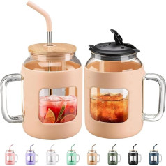 BLUEGO 1500 ml stikla krūze ar rokturi un salmiņu, atkārtoti lietojama ūdens krūze ar 2 vāciņiem, kafijas krūze no stikla ar silikona vāciņu, nesatur BPA, 1,5 l stikla ūdens pudele, droša pret noplūdi, dzintara krāsā