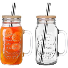 QWEZXO 24oz stikla Mason burku trauki ar bambusa vāku un nerūsējošā tērauda salmiņiem ballīšu dzērieniem, ledus kafijai, 24 oz (2 gab. iepakojumā)