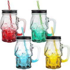 binsakao Halloween Tumbler komplekts - galvaskausa Mason burka ar vāku, salmiņiem un rokturi, krāsainas dzeramās glāzes Helovīna ballītes bāra dekorēšanai, 16 unces