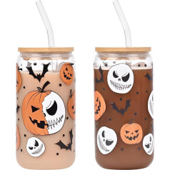 APLSTOW Halloween Tumbler 16oz stikla tumbleris ar vāku un salmiņiem Spooky Iced Coffee Cup Smoothie Cup Cute Halloween dāvanas sievietēm, bērniem, meitenēm, meitenēm Pumpkin Cup dāvanas