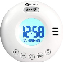 Geemarc Wake 'N' Shake Voyager ceļojumu modinātājs ar spēcīgu 75 dB modinātāju, zibspuldzes gaismu un integrētu vibrācijas modinātāju cilvēkiem ar dziļu miegu - darbojas ar akumulatoru - balts