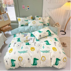 Bettwäsche-Set für Einzelbett, 100 % Baumwolle, für Kinder, Jungen, Mädchen, Cartoon-Krokodil-Löwe, Tiermotiv, Grün, Ganzjahres-Bettwäsche-Set, 135 x 200 cm