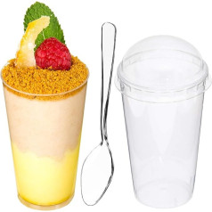 DLux 100 x 90 ml mini deserta trauciņi ar vāciņu un karoti - mazas apaļas deserta glāzes no plastmasas - vienreizlietojamie deserta trauciņi, servēšanas trauciņi, deserta glāžu komplekts