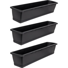 BigDean 3 puķu kastu komplekts ar paplāti, 60 cm garš, antracīta polipropilēna plastmasa, balkona stādītājs, šaura balkona kaste