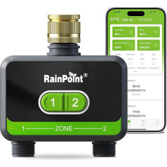 RAINPOINT laistīšanas dators Bluetooth, 2 izejas, misiņa ieplūdes caurule, automātiskais dārza laistīšanas taimeris ar lietotnes/balsa vadību, apūdeņošanas sistēma siltumnīcai, zālienam, dārzam, bez WiFi mezgla