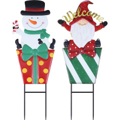 hogardeck Ziemassvētku rotājumi mājai, 2 Pack Metal Snowman Gnome Dekoratīvie dārza mieti ar dāvanu kastīti Ziemassvētku rotājumi pagalma zīmes dārza zālienam un terasei