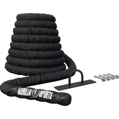 GORILLA SPORTS® kaujas virve - 9 m/12 m/15 m garums, diametrs 38 mm/50 mm, iekļauts sienas kronšteins, neilons, melna - kaujas virve, treniņu virve, sporta virve, fitnesa virve, kaujas virve, šūpoļu virve, muskuļu virve