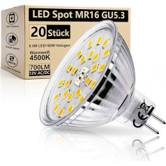 Wondlumi GU5.3 LED spuldzes 12 V 6,5 W neitrāli balta 4500 K neitrāli balta 4500 K nomaina 60 W 700LM MR16 spuldzi 12 V AC/DC prožektoram, bez apgaismojuma, 20 gab. iepakojumā