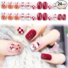 Künstliche Nägel zum Aufdrücken, kurz, 1 Set für Weihnachten, tragbare Nägel, Rentier, Weihnachtsmann-Stil, Nagelkunst für Frauen und Mädchen, 24 Stück