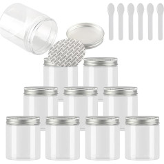 TIANZD Iepakojums ar 12 mazām 250 ml caurspīdīgām plastmasas tukšām krējuma burciņām ar sudraba vāku 250 g tukša skārda skrūvējama kosmētikas trauka burciņa, 6 gab. spatulas