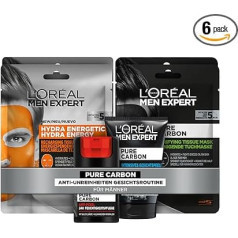 L'Oréal Men Expert kopšanas komplekts pret netīrumiem vīriešiem, sejas skrubis, sejas krēms un masku komplekts vīriešiem ar ogli, tīra ogle, 6 gab.