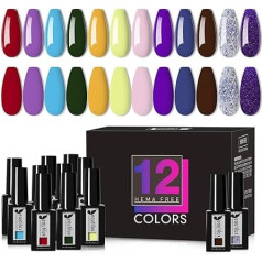 Beautilux HEMA-FREE 12 krāsu UV nagu laka, gēla nagu laka, sarkana, rozā, brūna, violeta, gliteru gēla laka, UV iesūcošā gēla šellaka mājas manikīram, 7 ml