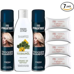 Swiss-o-Par komplekts ar 7 sastāvdaļām: 2 x frotē drāniņa sausajam šampūnam, 250 ml, 1 x šampūns ar tējas koka eļļu, 250 ml, 4 x kašmira matu kopšanas spilventiņi, 25 ml
