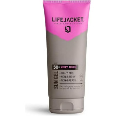 LIFEJACKET SPF 50 UVA, UVA 5* Saules aizsargājošs gels sejai un ķermenim, viegls, nemazgājams, ūdensizturīgs, bez dzīvnieku testēšanas, klīniski apstiprināts jutīgai un sausai ādai.