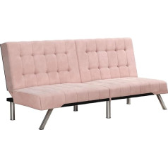 Dhp Furniture DHP Emily dīvāns futons, 180 cm, auduma, bez roku, polsterēts, dīvāns-guļamvieta ar plūksnotu atzveltni un sēdekli, moderns vidusgadsimta stils, rozā samts