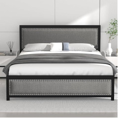 ‎Vecelo VECELO gultas rāmis 140 x 200 cm, metāla divguļamā gulta ar polsterētu galvgaldu un kāju daļu, gultas rāmis ar redeļu pamatni, 32 cm augstums zem gultas, nav nepieciešama atspere, pelēks