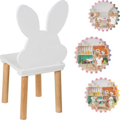 Playpals Furniture PlayPals koka bērnu krēsls, mazs koka krēsls, baltas truša ausis, bērnu istabas mēbeles 60 x 32 x 32 cm un sēdekļa augstums 27 cm, 3-7 gadu vecumam