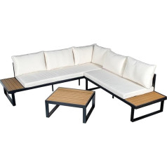 DRW Stūra dīvānu komplekts ar melnu alumīnija galdu un PS līstēm un smilškrāsas spilveniem, 227 x 63 x 69 cm, sveķi, krāsains, Medidas: 4 x 4 x 8 cm, krāsains, krāsains, krāsains, krāsains, krāsains, krāsains, krāsains.