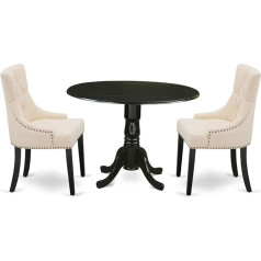 East West Furniture DLFR3-BLK-02 Mūsdienīgs 3 gab. gaiši bēšs lina auduma audums ar pogām ēdamkrēsli Melna apdare Masīvkoka pamatne 