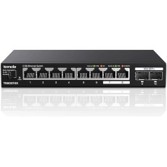 Tenda 2,5 Gbit komutators ar 8 x 2,5G pieslēgvietām un 2 x 10G SFP+ pieslēgvietām (VLAN, statiskā agregācija, Plug and Play, bez vadības, bez ventilatora, metāla korpuss) (TEM2010X)