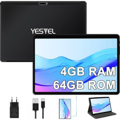 YESTEL Android planšetdators ar WiFi, 4 GB RAM + 64 GB ROM (1 TB), 1280 x 800 HD+ IPS, Bluetooth, 8000 mAh akumulators, 10 collu planšetdators ar vāciņu, melns