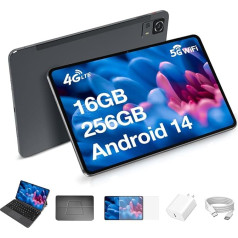 Weelikeit 12 collu planšetdators ar tastatūru, 4G LTE planšetdators ar divu SIM karšu slotu, 5G WiFi, 2K FHD Android 14 planšetdators, 16GB RAM + 256GB ROM, 20W ātrā uzlāde, 5MP + 13MP PC planšetdators 8000mAh/GPS/GMS/OTG/pelēks