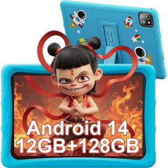 BESTTAB Bērnu planšetdators, 10 collu Android 14, 12 GB RAM + 128 GB ROM (1TB TF, Octa Core planšetdators bērniem, 5100 mAh akumulatora ilgs darbības laiks, triecienizturīgs, mācību programmas iWawa, WiFi 6, bērniem draudzīgs,
