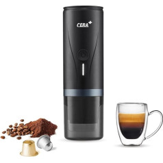 CERA+ Elektriskais portatīvais espresso aparāts ar 3-4 minūšu pašsildīšanos, 20 bāru 12 V mini akumulatora kafijas automāts, saderīgs ar NS kapsulu un maltas kafijas ceļojumu kafijas automātu automašīnai, kempingam