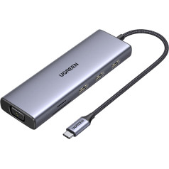 USB-C adapteris HUB - 3x USB-A 3.0 / HDMI / VGA / RJ45 / SD / TF karšu lasītājs / USB-C PD - pelēks