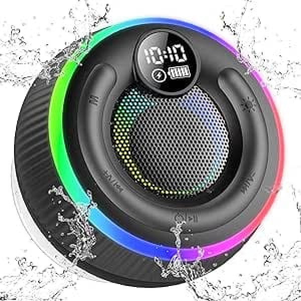 POMUIC pārnēsājams Bluetooth skaļrunis, dušas skaļrunis, Bluetooth ūdensizturīgs IPX7, skaļruņu kastes ar piesūcekni, mūzikas kaste Bluetooth ar gaismu, stereo dušas radio, LED displejs, brīvroku funkcija