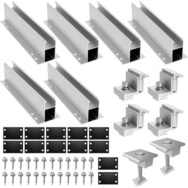 Saules paneļu kronšteins, alumīnija saules paneļu kronšteins, saules fotoelementu trapecveida montāžas komplekts, 6 sliedes 23 cm + 4 regulējamas gala skavas 30-50 mm, saules moduļu montāža jumta lokšņu jumtam, plakans jumts